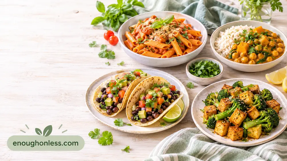 Plate of easy vegan dinner recipes including pasta, curry and tacos